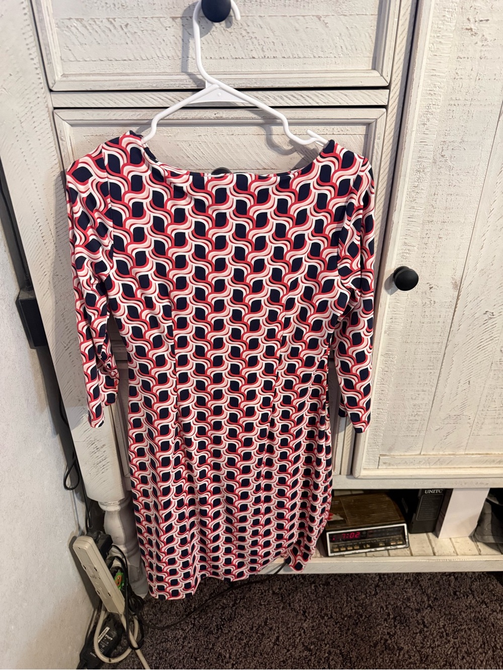 Talbots Red, Navy & White Geometric Tie-Waist Long Sleeve Dress - Picture 2 of 4